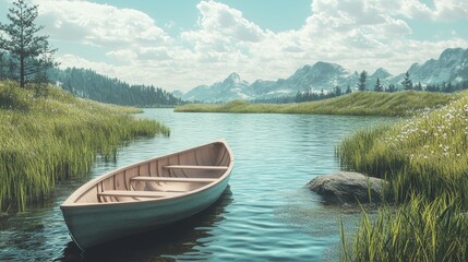 Naklejka na meble A small wooden boat floats serenely on a calm lake, surrounded by lush greenery and majestic mountains.  The sun shines brightly, casting a warm glow on the scene.