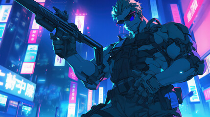 Anime style terminator humanoid warrior with a rifle in hand surrounded with cyberpunk futuristic neon lights city