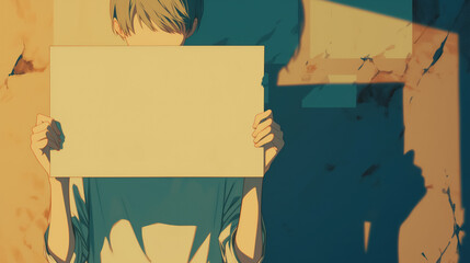 Anime male person holding an empty sign hiding part of face