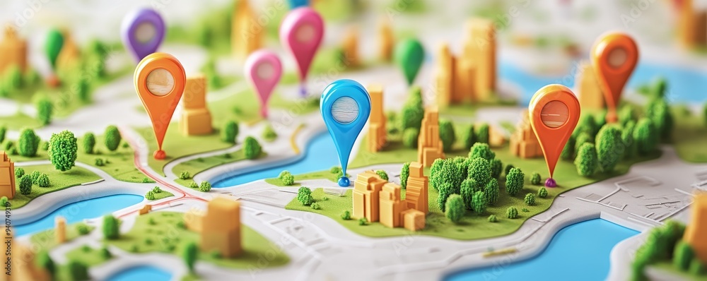 Colorful location pins on a miniature city map. Stock Illustration ...
