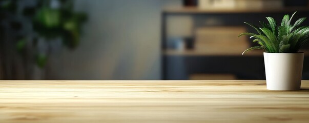 Wall Mural - Empty wooden table with potted plant in blurred background.