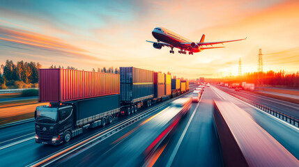 Wall Mural - Dynamic Transportation Hub with Airplane Overhead and Cargo Containers on Railway Tracks at Sunset