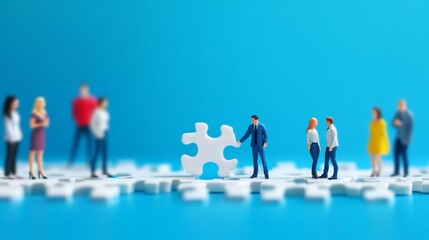 Miniature people stand on puzzle pieces, symbolizing teamwork and collaboration.  A large white puzzle piece sits in the center.