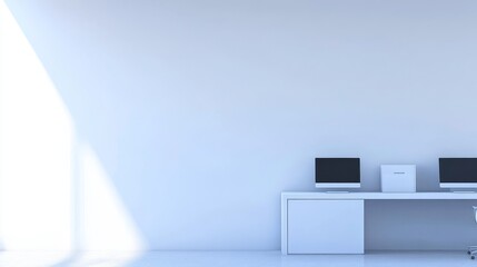 Wall Mural - Minimalist white office interior with desk and two computers, with natural light streaming in through a window.