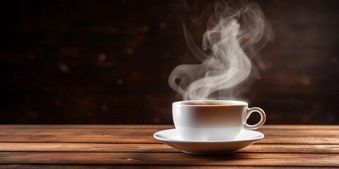 White Coffee Cup with Steam on Wooden Table