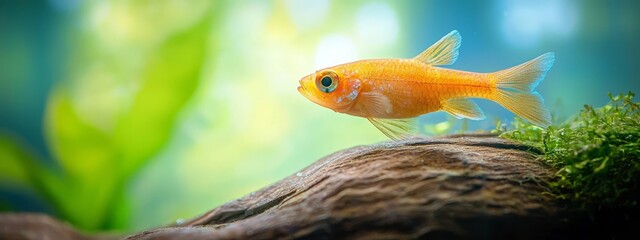  A goldfish rests near a submerged rock in a filled aquarium, surrounded by water and greenery from nearby plants