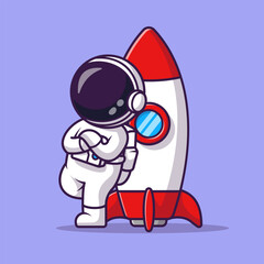 Wall Mural - cute astronaut lean on rocket cartoon vector icon illustration science technology icon concept isola