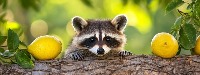  A raccoon is peeking over a branch laden with lemons against a backdrop of verdant leaves