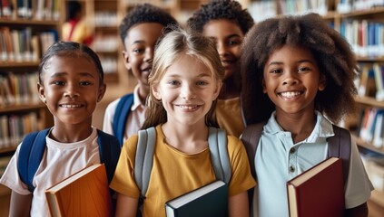 A group of children are smiling and holding books in a library