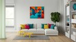 © Aanjaneya S - Minimalist interior design of modern living room with sofa with colourful pillows .
