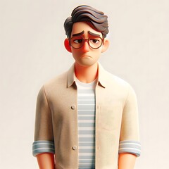 Sad stressed upset cartoon character adult man in glasses person portrait in 3d style design