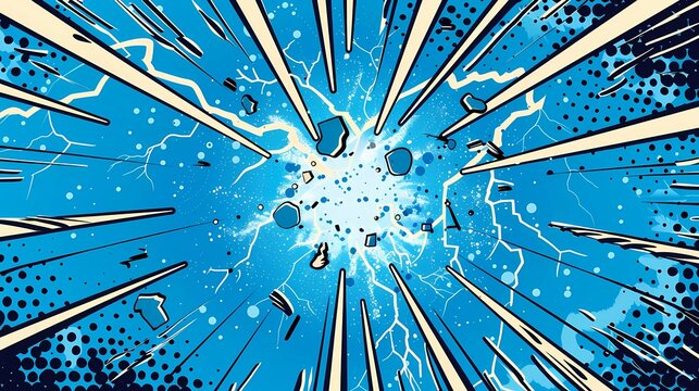 A blue background with lightning bolts in the center, vector graphics, flat design style, white and black color scheme, pop art, cartoon, comic book, and anime influences, Generative AI illustrations.