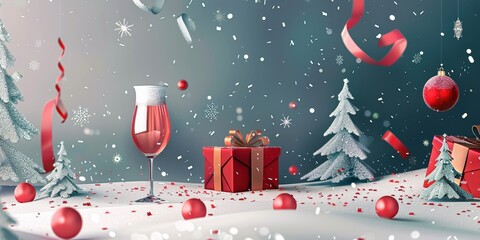 Wall Mural - A Christmas scene with a red wine glass, a red box, and a tree