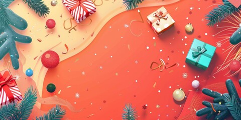 Wall Mural - A colorful Christmas scene with a red background