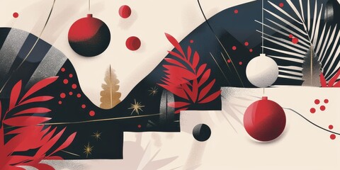 Wall Mural - A colorful Christmas scene with a tree and red and white leaves