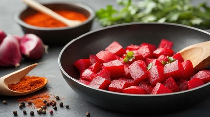 Wall Mural - Beetroot cooked in a skillet with spices, showcasing a flavorful dish.