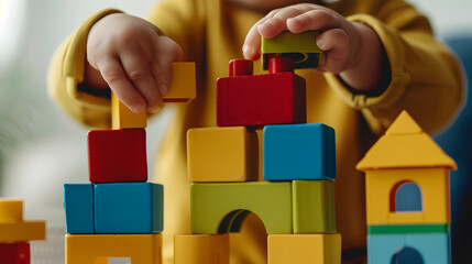 A child creating a fantasy town diorama with colorful building blocks. Close-up of small hands arranging structures. 