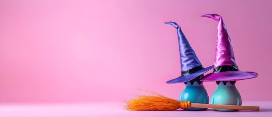 Whimsical and Kawaii Halloween Witches with Oversized Pastel Colored Broomsticks Captured in a Photographic Concept Inviting Viewers into a Fantastical and Enchanting Atmosphere