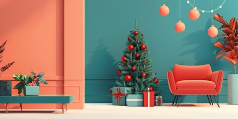 Wall Mural - A Christmas tree is in the middle of a room with a red couch and a green chair