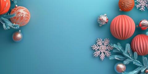 Wall Mural - A blue background with a bunch of Christmas ornaments on it