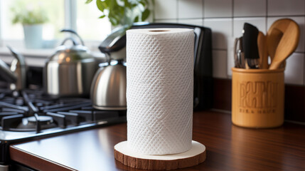 A paper towel roll rests on a wooden base in a contemporary kitchen