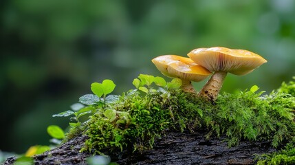  Two mushrooms atop a moss-covered tree trunk in a verdant forest Surrounding them are green leaves and tall trees