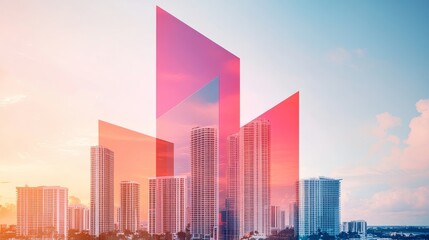 Double exposure of a city skyline and abstract geometric shapes in vibrant neon colors, creating a futuristic urban aesthetic