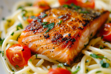 close-up of a perfectly seared salmon fillet on top of pasta, 