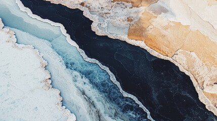 Wall Mural -  A bird's-eye perspective of a frozen body of water, displaying ice formations and a mix of brown, white, and blue hues