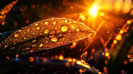  A tight shot of a leaf dotted with water droplets, sun gleaming behind