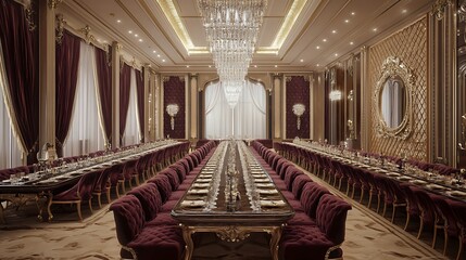 Luxurious Banquet Hall Interior Design with Velvet Upholstery and Crystal Chandeliers