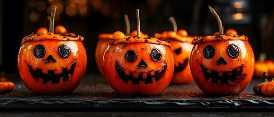 Wall Mural - Creepy and Carved Candy Apples Decorated with Spooky Haunting Halloween Faces on a Dark Ominous Background  Seasonal Festive Autumnal Harvest and Holiday Concept