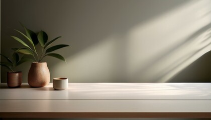 Wall Mural - modern living room with a window, plant on the table, Clean minimal surface for product display. Copy space available. Elegant minimal background wall. Suitable for home, room with a table