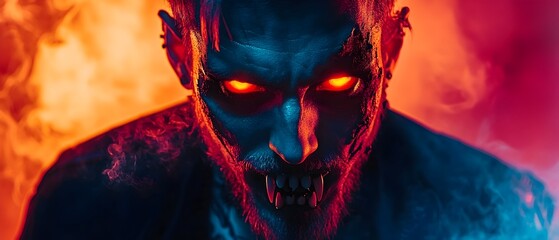 a vampire with glowing fangs and neon tattoos stalking the city on a spooky halloween night this pho