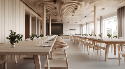 Scandinavian Banquet Hall Interior Design with Light Wood and Natural Materials