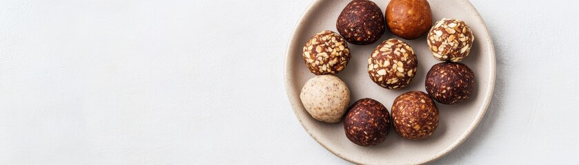 Wall Mural - A selection of vegan protein balls made with dates, nuts, and cacao, arranged neatly on a stylish ceramic plate