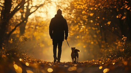 Sticker - Peaceful Autumn Stroll: A Man and His Canine Companion