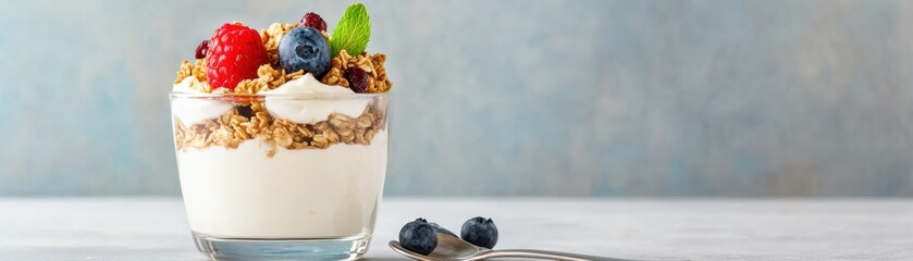 Wall Mural - A glass of yogurt with blueberries and raspberries on top