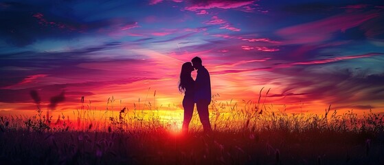 Wall Mural - Silhouette Romantic couple lovers hug and kiss at colorful sunset