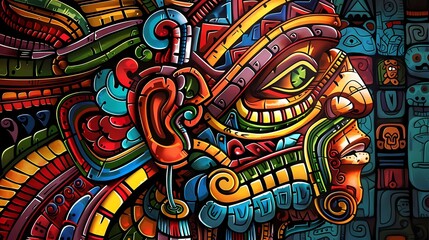  Abstract of a mayan vivid color drawing, dark background, Generative AI illustrations.