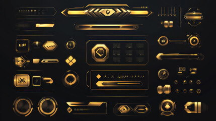 Poster - Golden interface game buttons and UI/GUI elements. This vector set includes a pop-up window with the main menu, an options panel, a progress bar, a health scale, direction keys, and indicators. It als