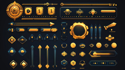 Poster - golden interface game buttons and ui/gui elements. this vector set includes a pop-up window with the