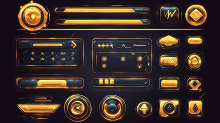 Poster - Golden interface game buttons and UI/GUI elements. This vector set includes a pop-up window with the main menu, an options panel, a progress bar, a health scale, direction keys, and indicators. It als