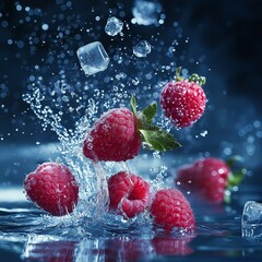 raspberry fruit with melting ice cubes and water splashes effects . aspect ratio 1:1