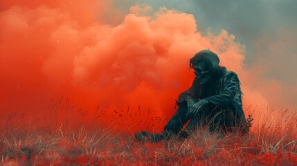 Wall Mural - A figure in a dark outfit sits on the ground surrounded by vibrant red and gray smoke. The atmosphere is eerie and surreal, with tall grass in the foreground and a moody sky in the background.