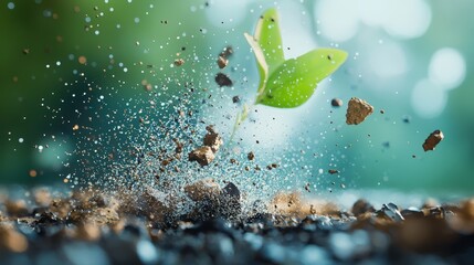  A green plant sprouts from a mound of dirt, dripped on by water droplets above