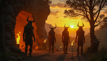 Wall Mural - a primitive tribe of ancient people in animal skins stands by a large fire in a cave. neanderthals. 