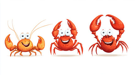 Cartoon characters of red shrimp, crab, and lobster, each with smiling faces and googly eyes, isolated on a white background. Perfect for seafood-themed designs or playful illustrations.