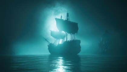 Wall Mural - Ghostly Galleon: Haunting Voyage Through Emerald Mists