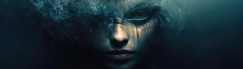 Poster - A mysterious portrait shrouded in dark smoke, capturing an intense gaze that evokes emotion and intrigue.